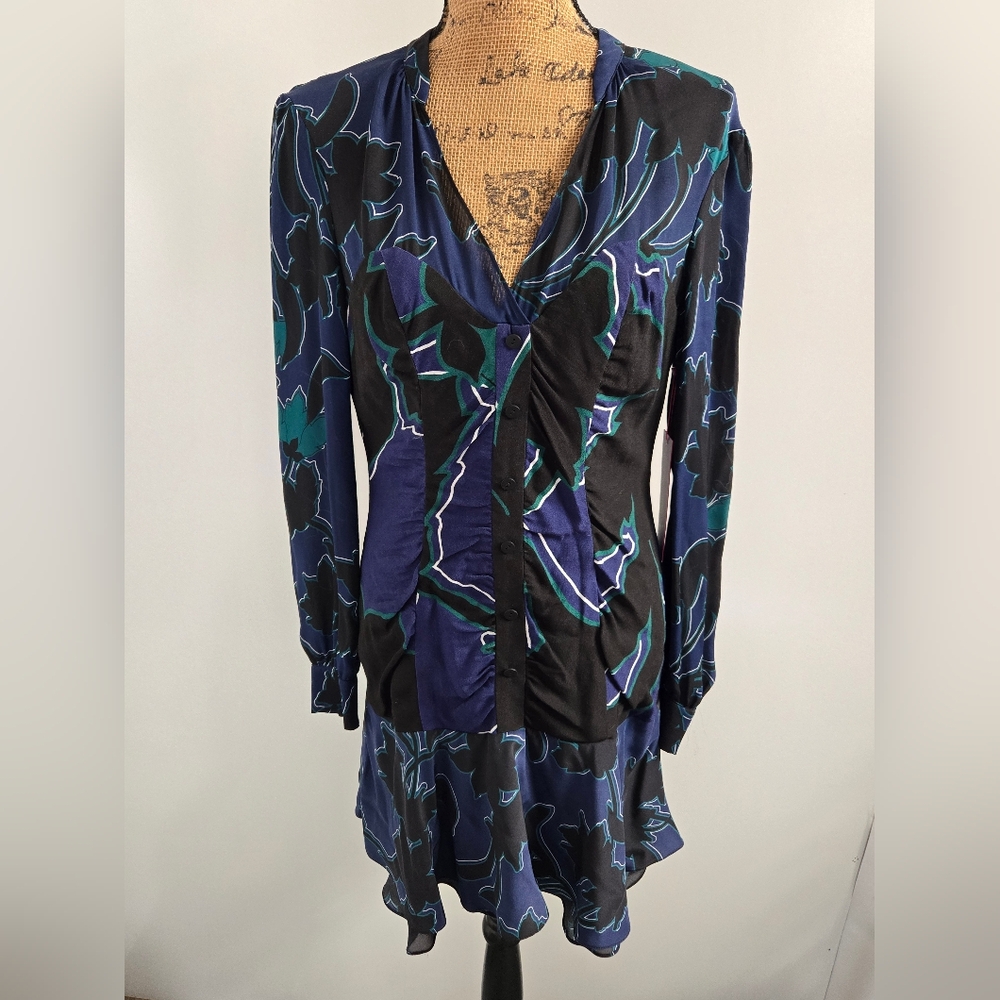 Parker Long Sleeve Abstract Floral Silk Mini Dress Sz S